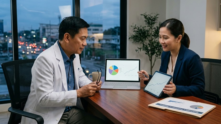 Financial advisors for physicians meeting with a medical professional to review graphs and analytics on a tablet and laptop in a modern office.