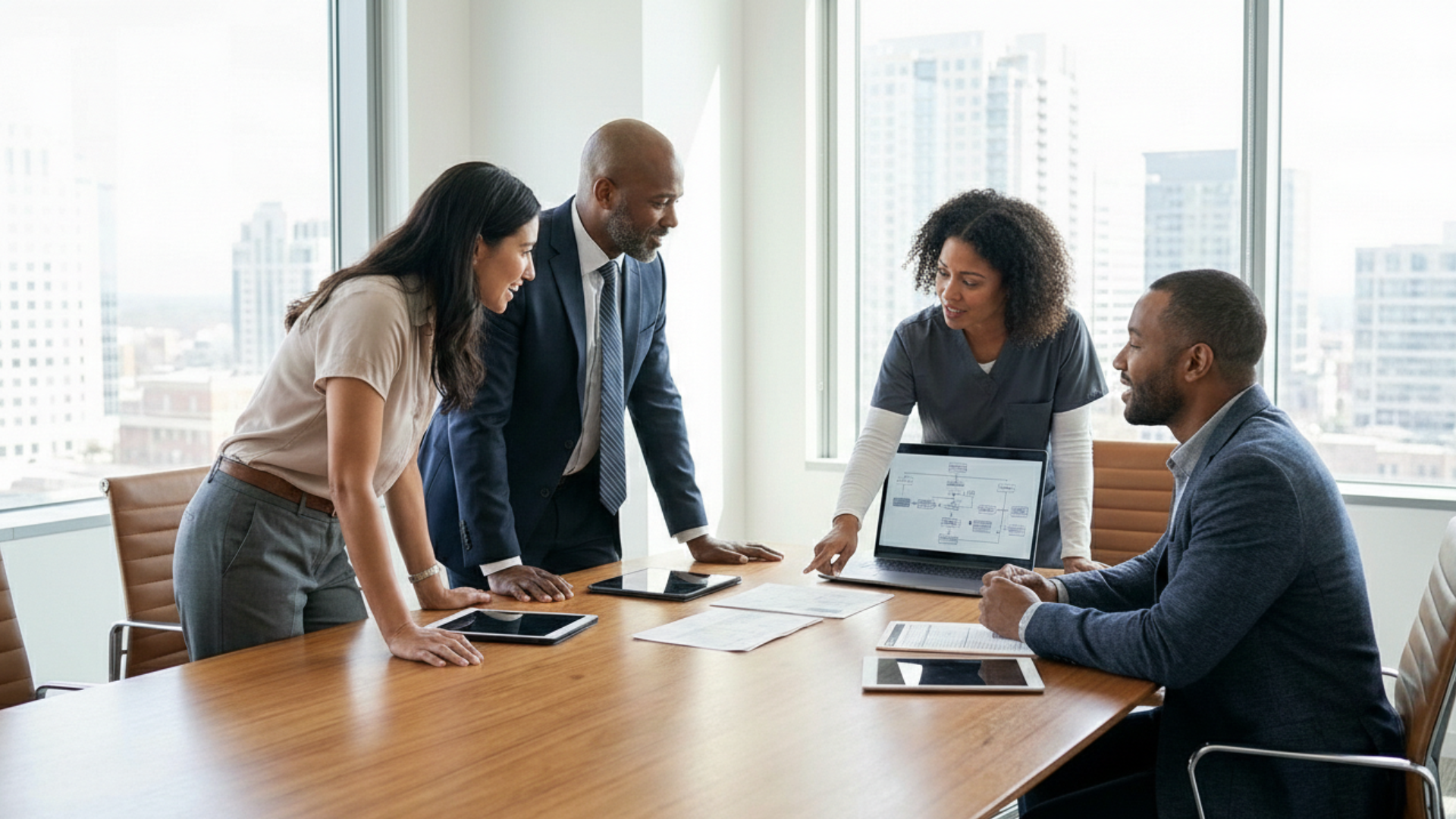 Group of professionals collaborating around a conference table with flowcharts, discussing financial strategies and the What is FMOS operating system.