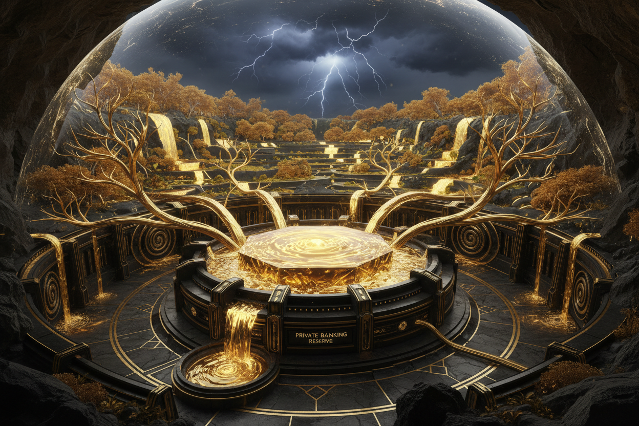 Golden architectural illustration labeled “Private Banking Reserve,” symbolizing the insurance cash value engine within the What is FMOS framework.
