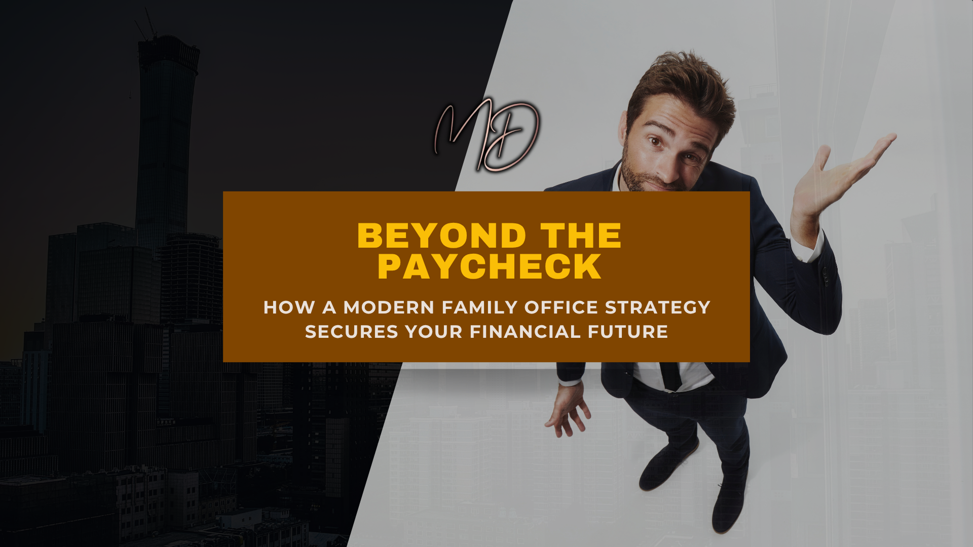 Professional man in a suit with questioning gesture beside cityscape backdrop, promoting modern family office strategy for securing financial future. Professional man in a suit with questioning gesture beside cityscape backdrop, promoting modern family office strategy for securing financial future.