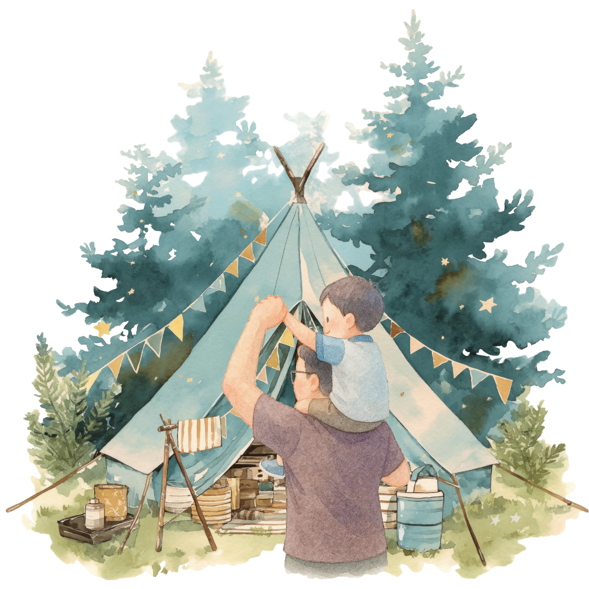 Watercolor illustration of a family camping near a teepee in a Wisconsin forest — Lighthouse Chiropractic