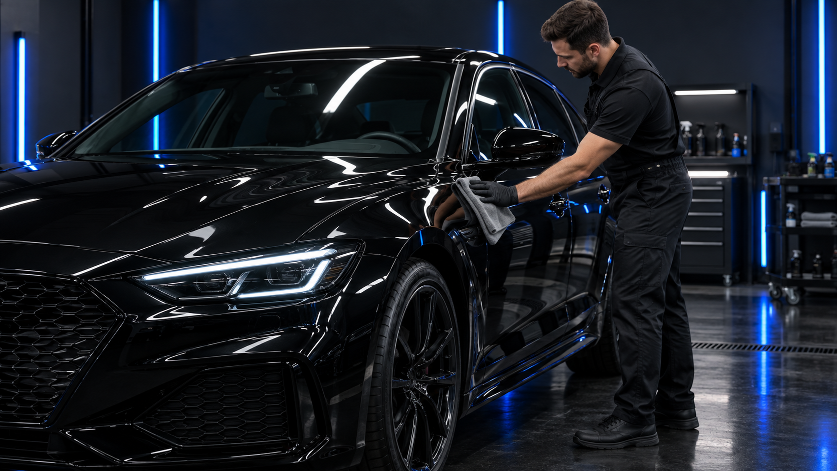 Black sport sedan receiving maintenance