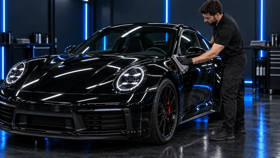Black Porsche 911 coupe receiving a complete detail