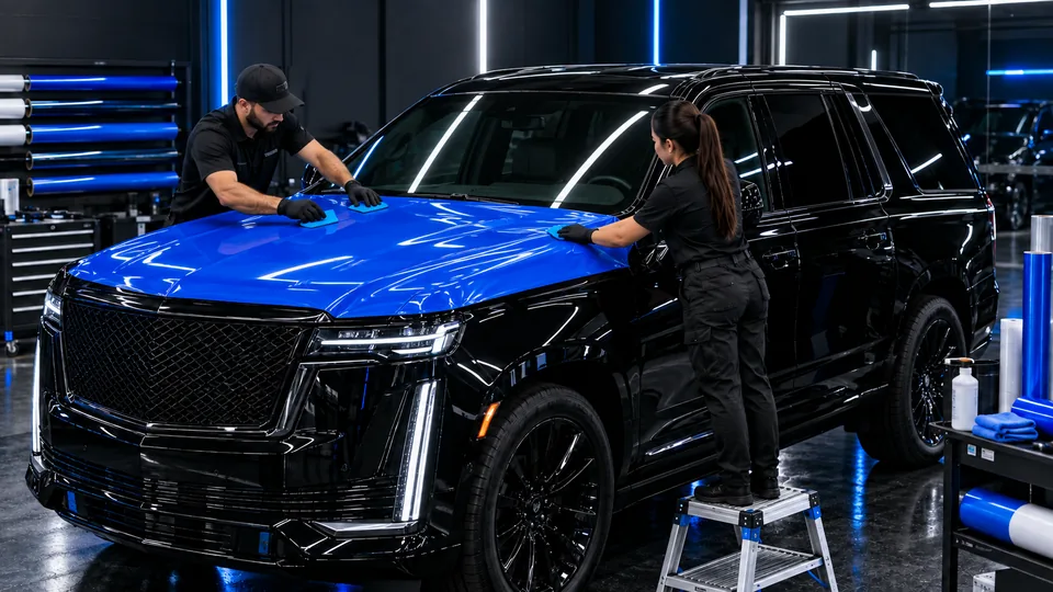 Large luxury SUV receiving vinyl installation inside the Refined Rides shop