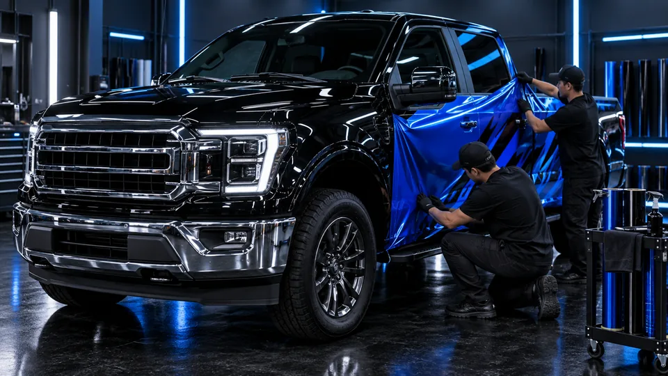 Full-size pickup with chrome front end inside the Refined Rides shop