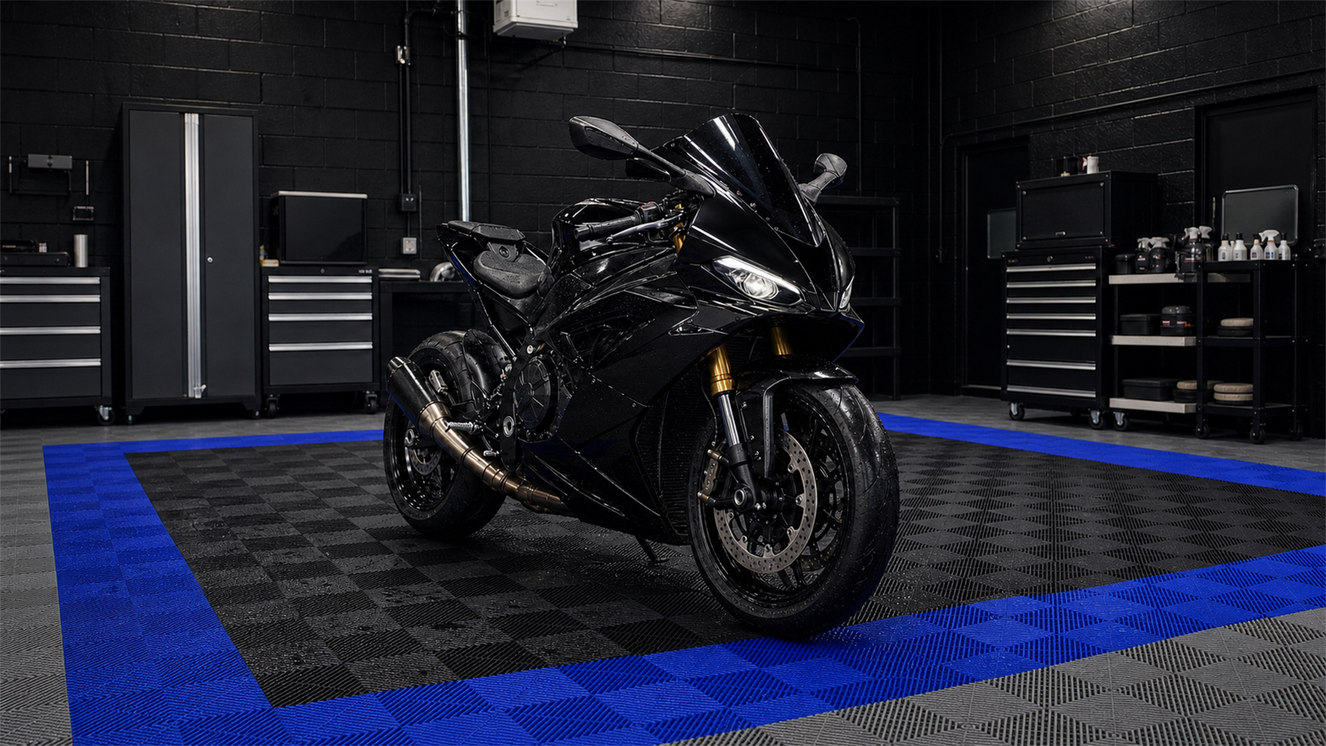 Unbranded black sport motorcycle after a careful wash and protection service