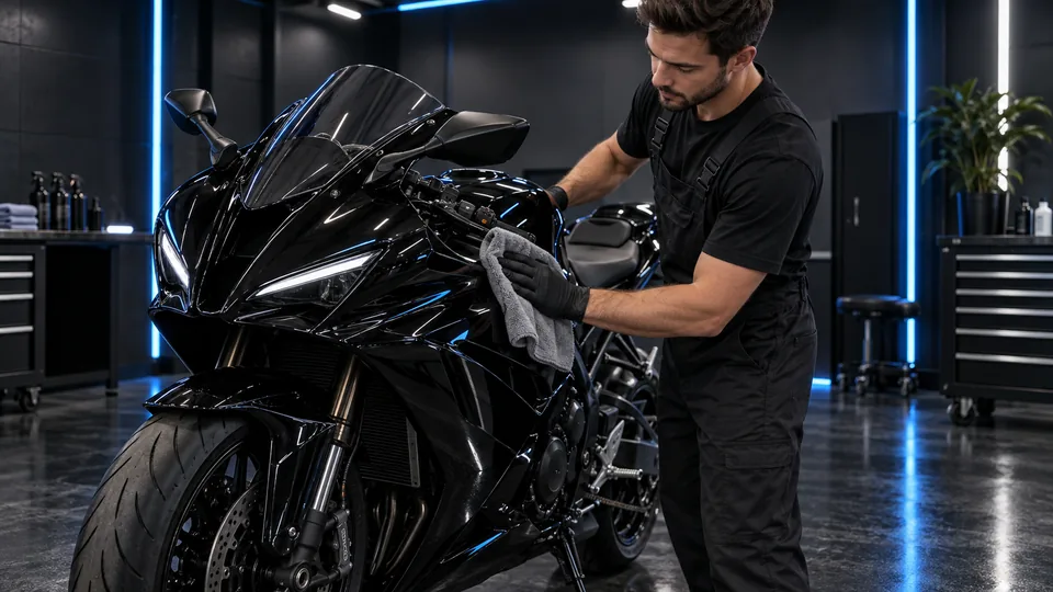 Unbranded black sport motorcycle inside the Refined Rides detailing bay