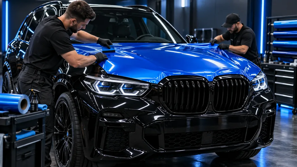 Mid-size performance SUV receiving vinyl installation inside the Refined Rides shop
