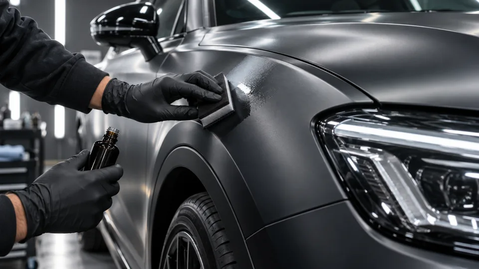 Ceramic protection being applied over a new vinyl wrap