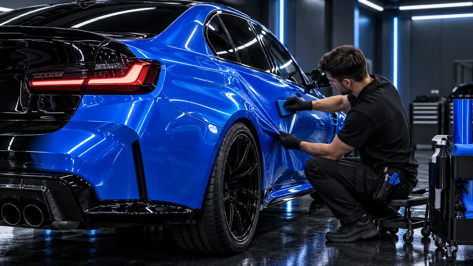 Full vinyl color change installation inside the Refined Rides shop
