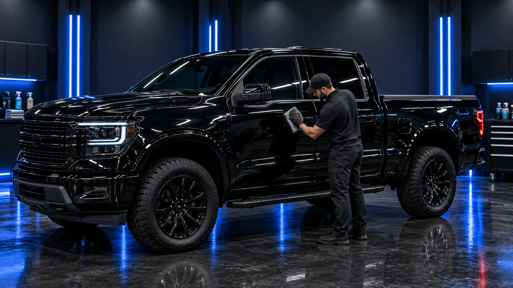 Black full-size truck receiving maintenance