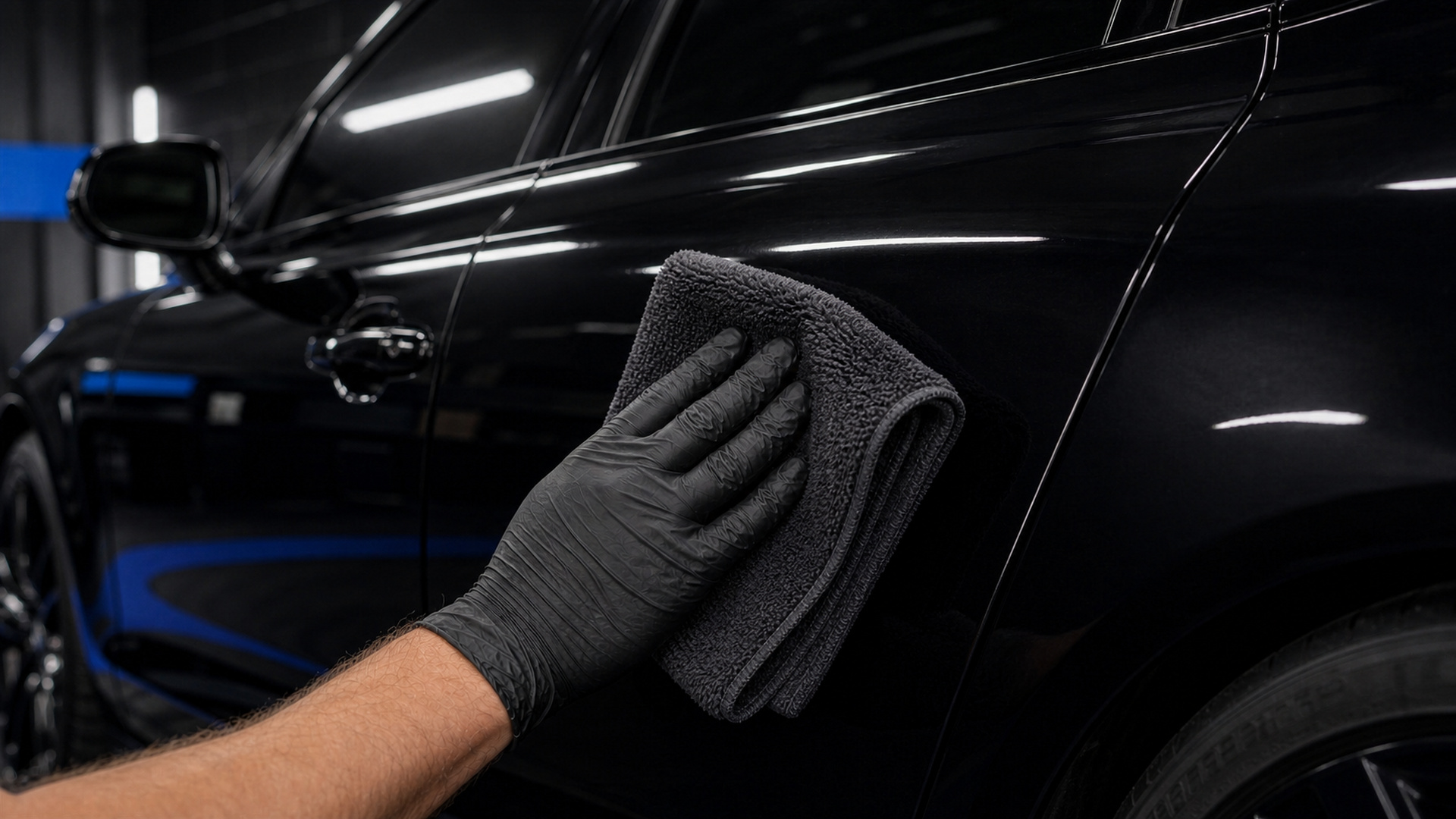Professional monthly maintenance detail on a glossy black vehicle