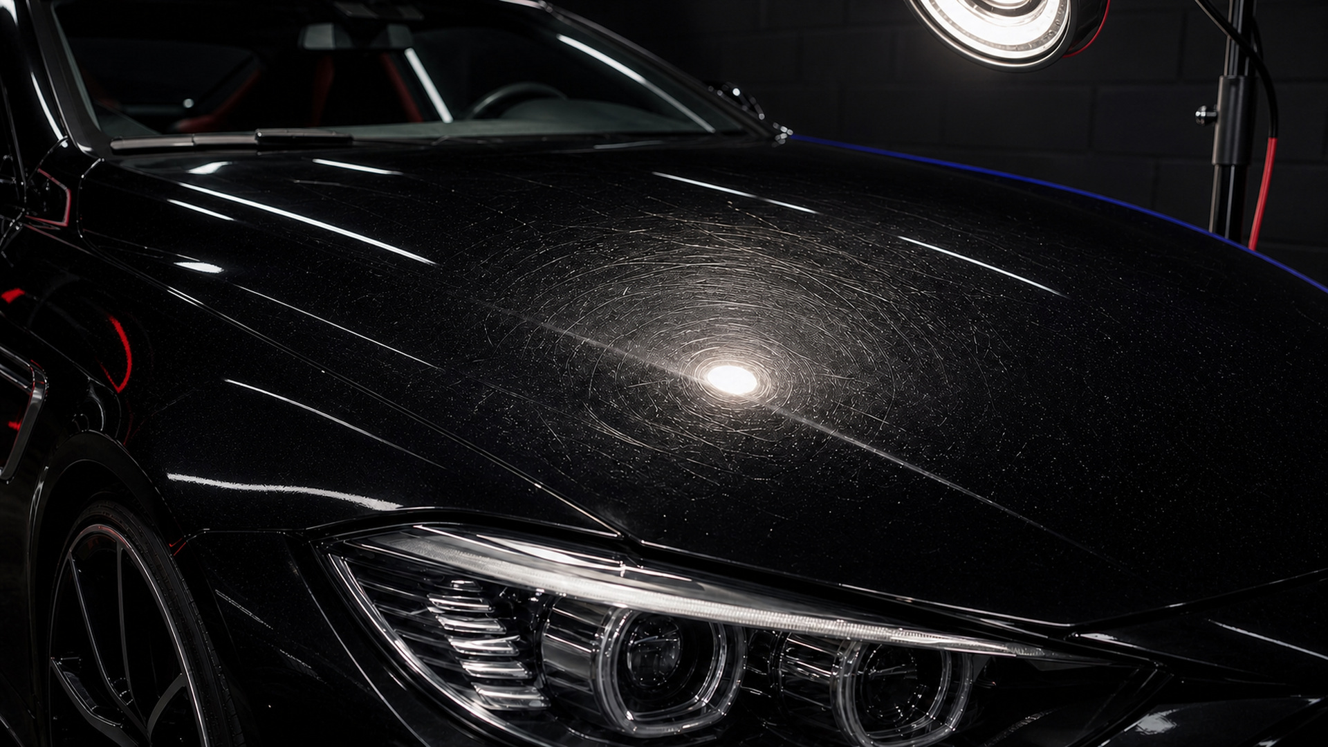 Moderate swirl marks and light scratches on black vehicle paint under inspection lighting