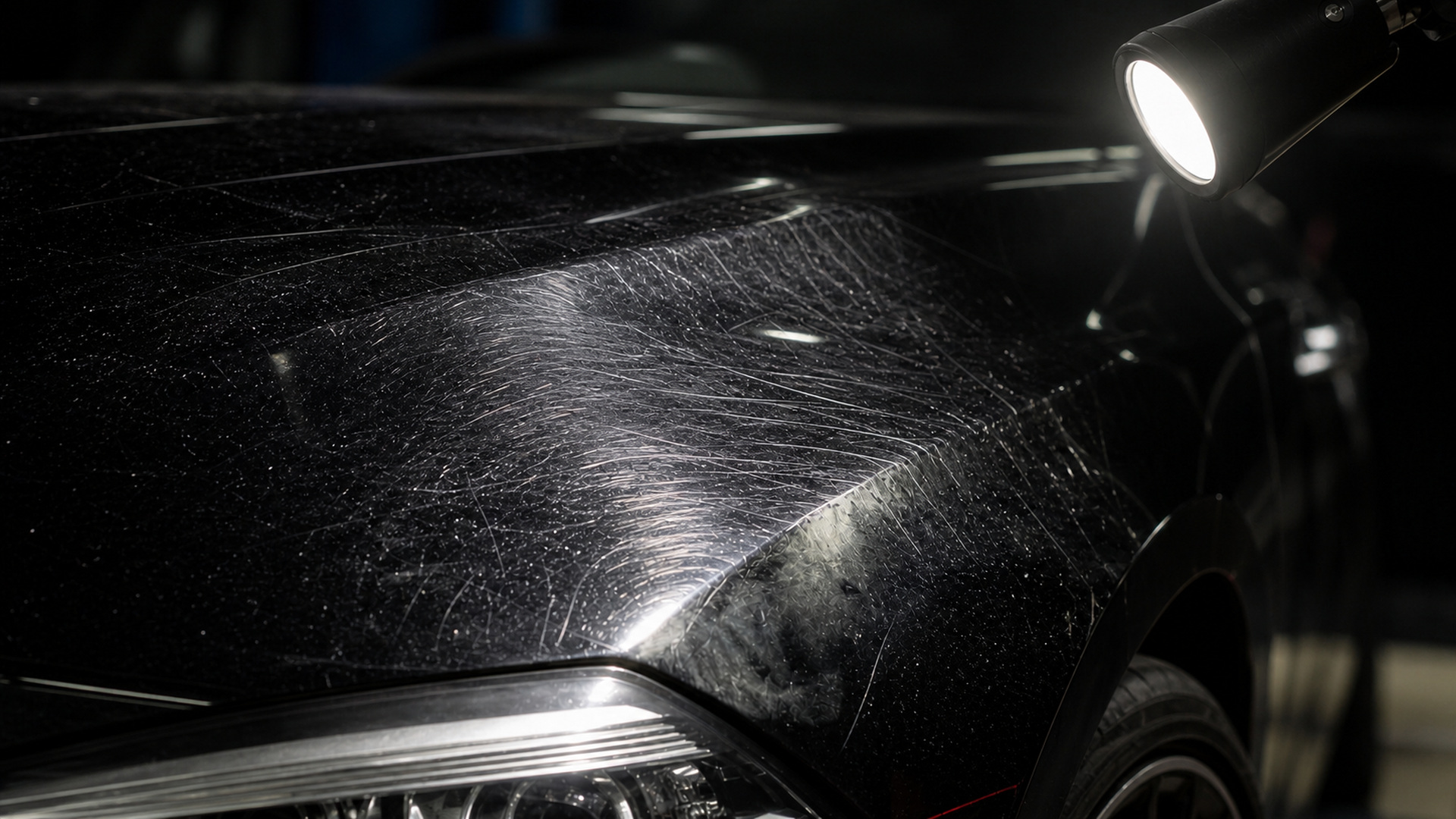 Severely swirled and scratched black vehicle paint under inspection lighting