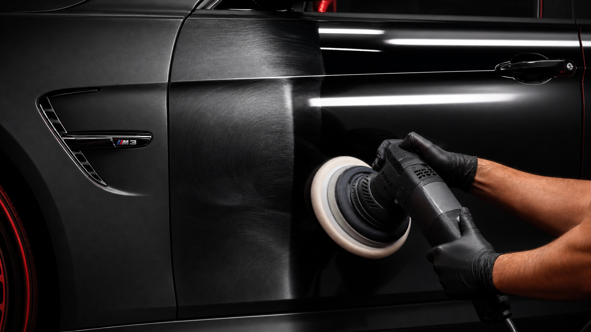 Detailer paint-correcting BMW M3 door panel with orbital polisher
