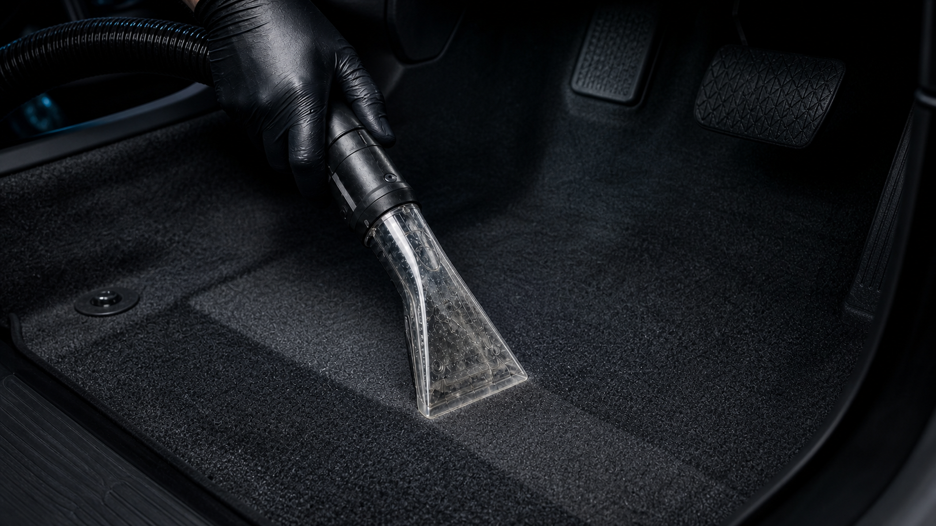 Detailer hot-water extracting automotive carpet in a vehicle footwell