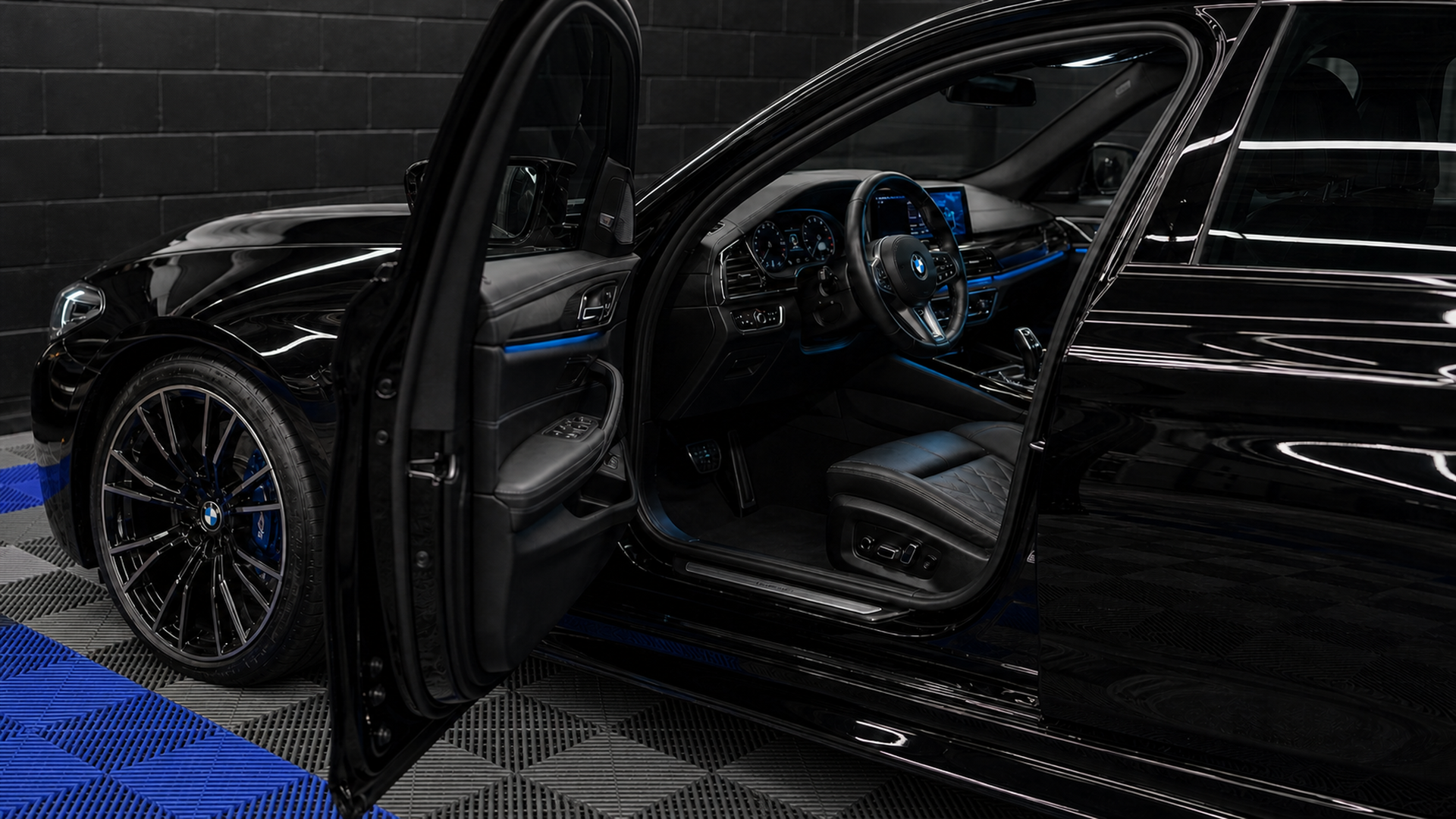 Showroom-clean BMW interior and exterior split view
