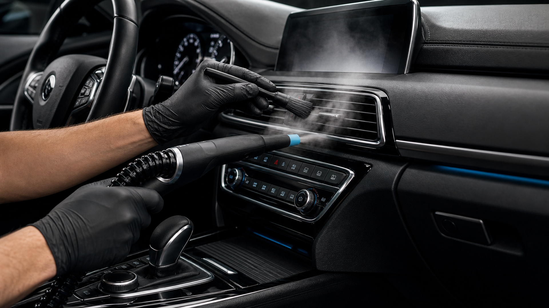 Detailer steam-cleaning BMW seat and door panel with handheld steamer