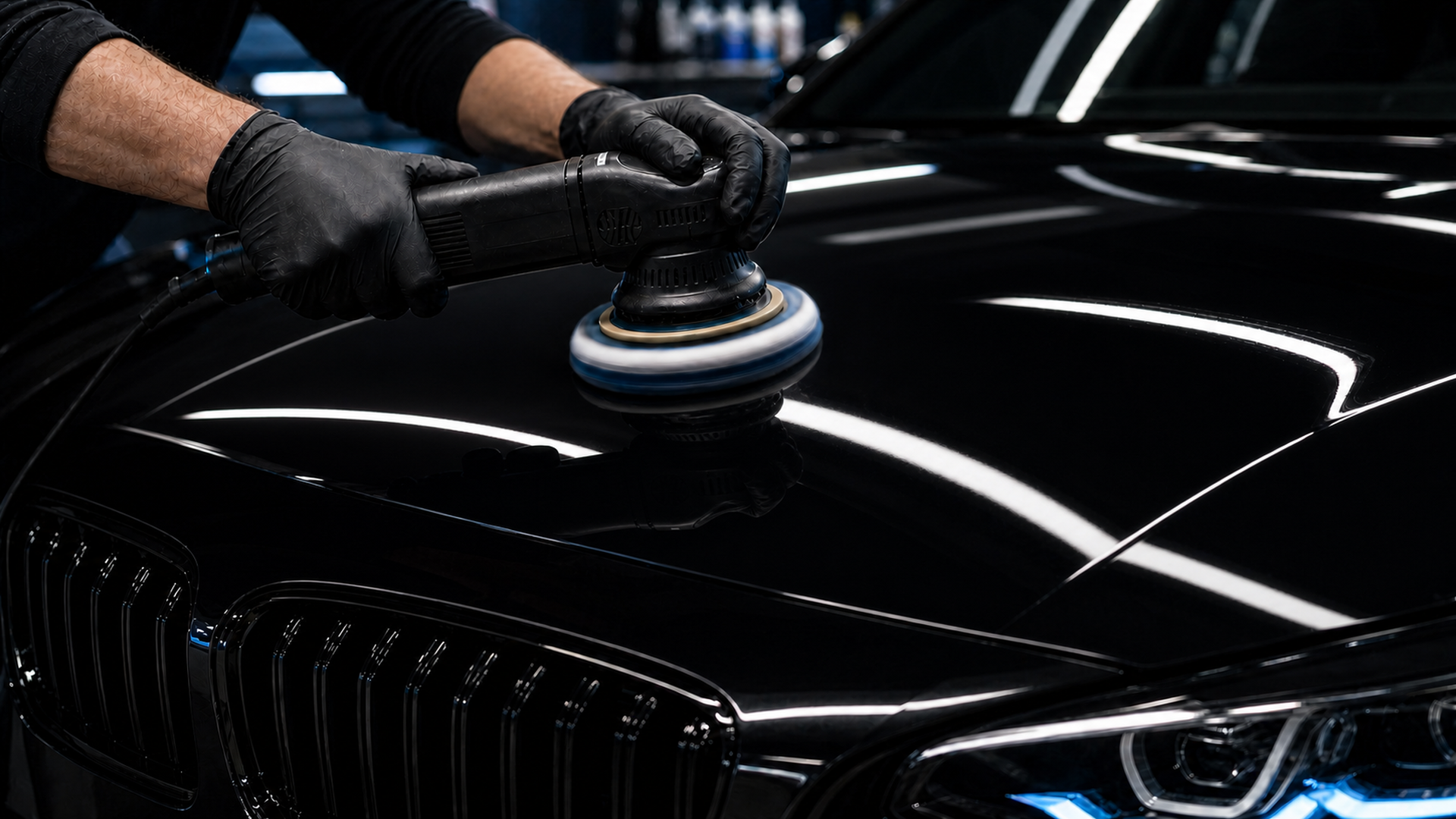 Pro detailer machine-polishing BMW hood with dual-action orbital