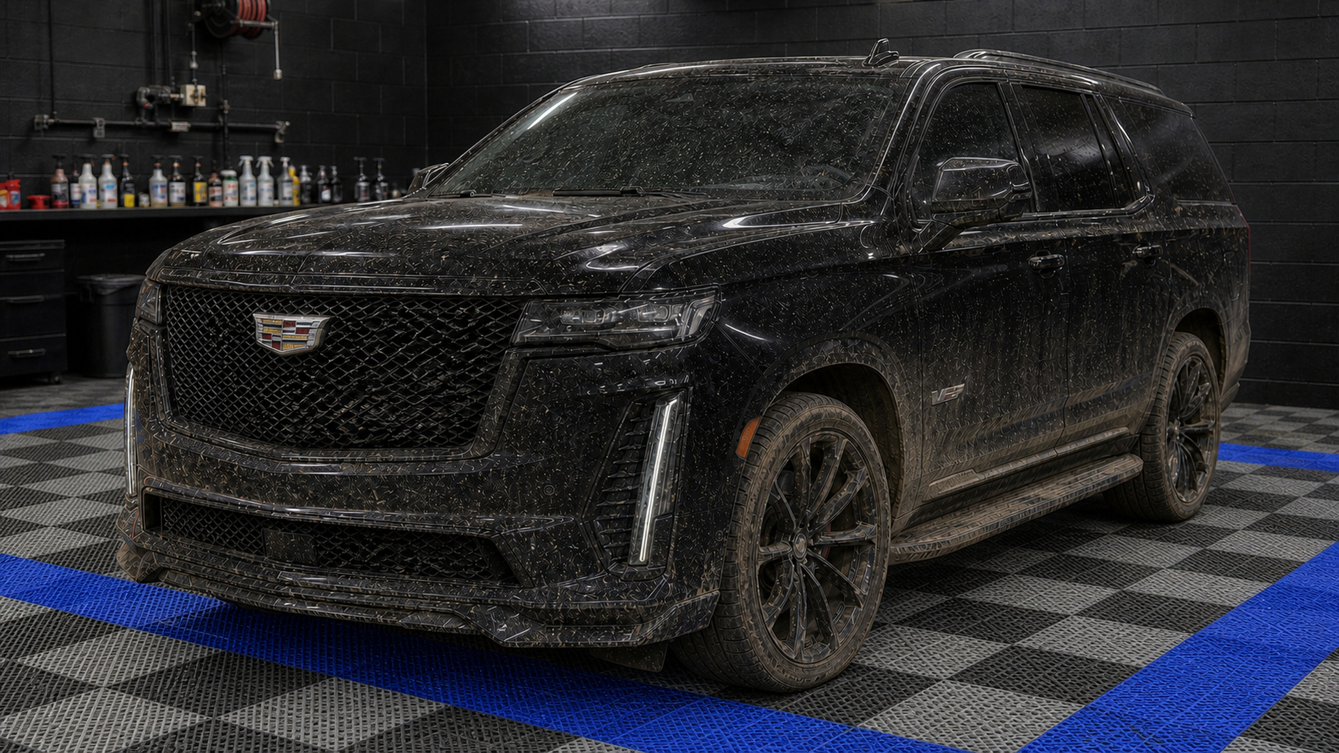 Dirty black Cadillac Escalade-V needing a baseline detail