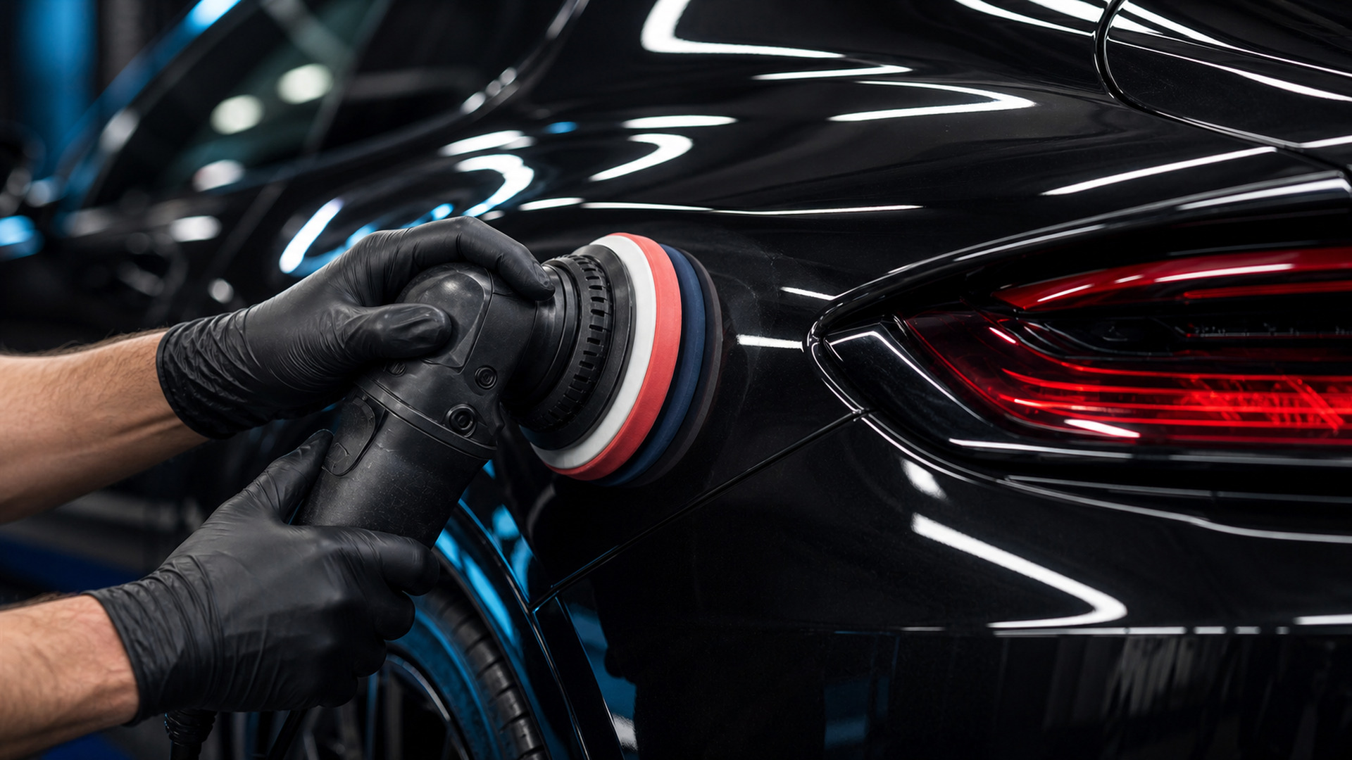 Professional detailer polishing a luxury vehicle