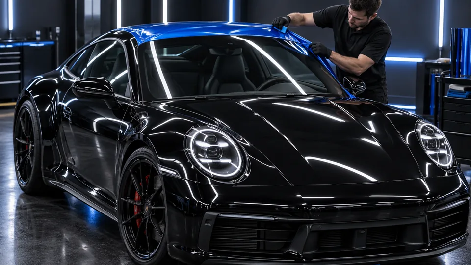 Porsche 911 coupe receiving vinyl installation inside the Refined Rides shop