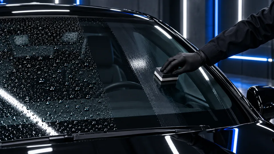 Glass ceramic coating applied to a clean windshield
