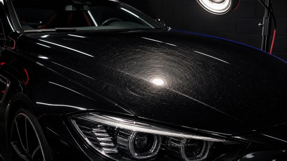 Moderate swirl marks and light scratches on black vehicle paint under inspection lighting