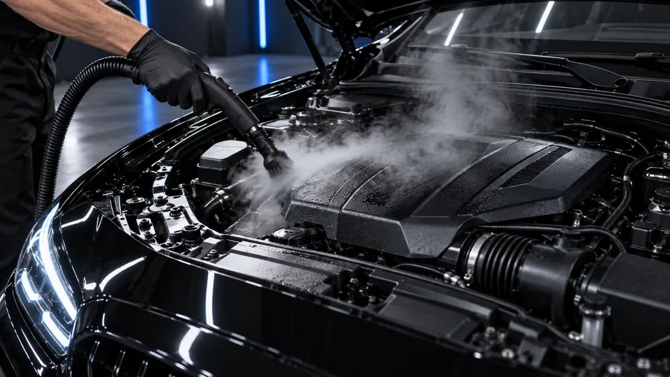 Vehicle engine bay receiving professional steam cleaning
