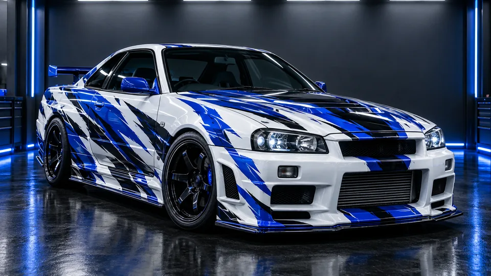Nissan Skyline R34 receiving a blue and white JDM drift livery inside the Refined Rides shop
