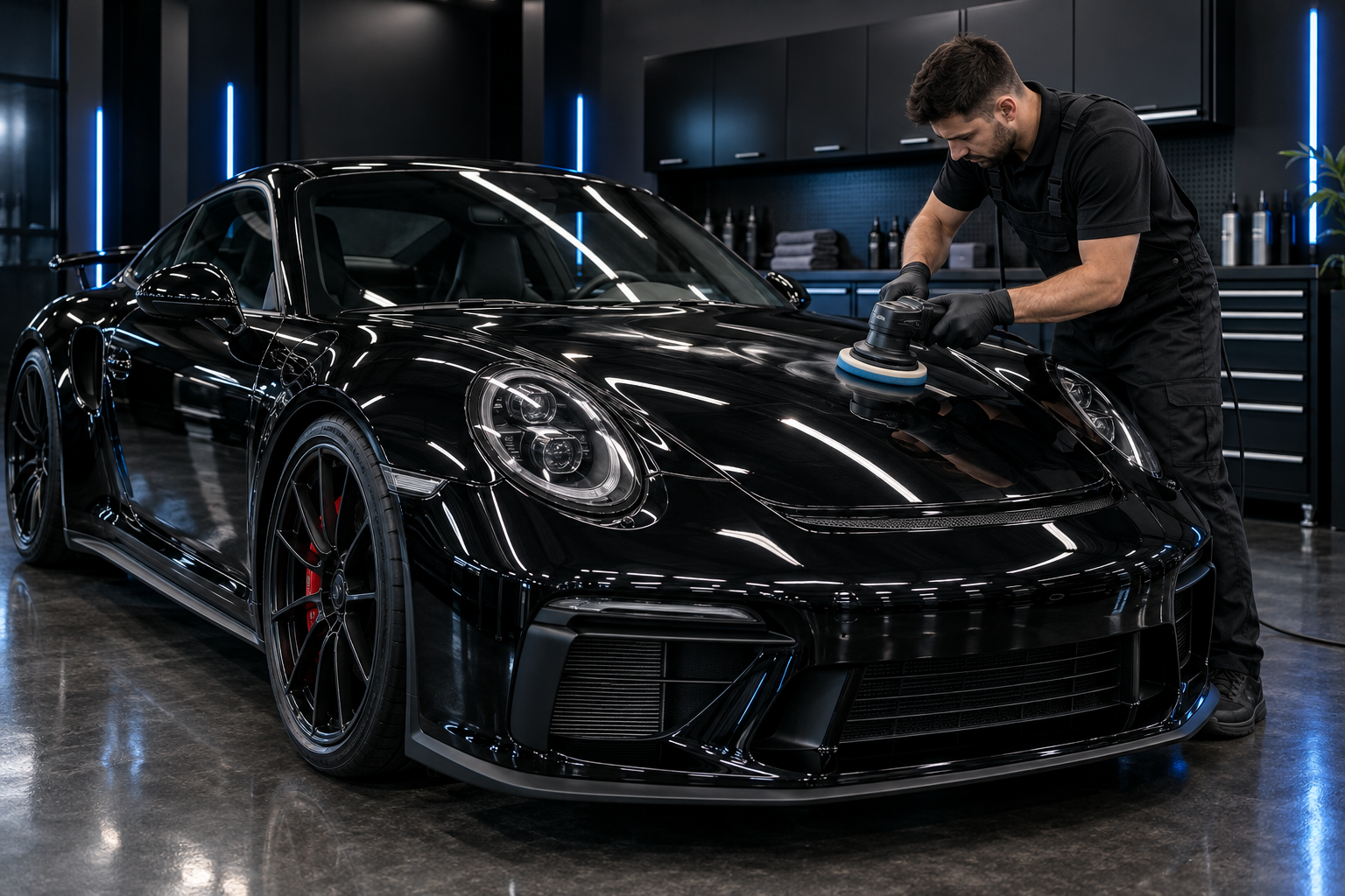 Professional detailer polishing a luxury vehicle