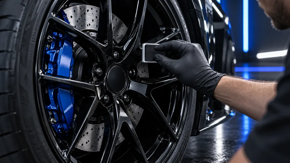 Ceramic coating being applied to a vehicle wheel