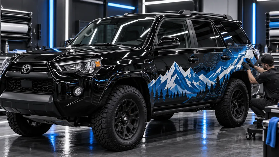 Toyota 4Runner receiving blue and white mountain side graphics inside the Refined Rides shop