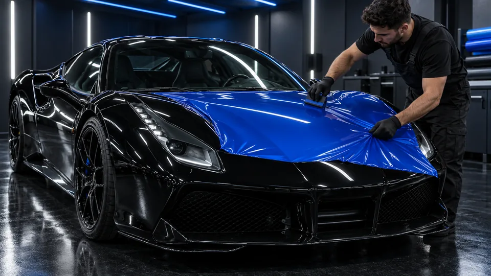 Supercar-class exotic vehicle receiving vinyl installation inside the Refined Rides shop