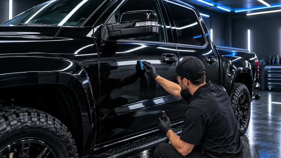Black full-size truck receiving ceramic coating