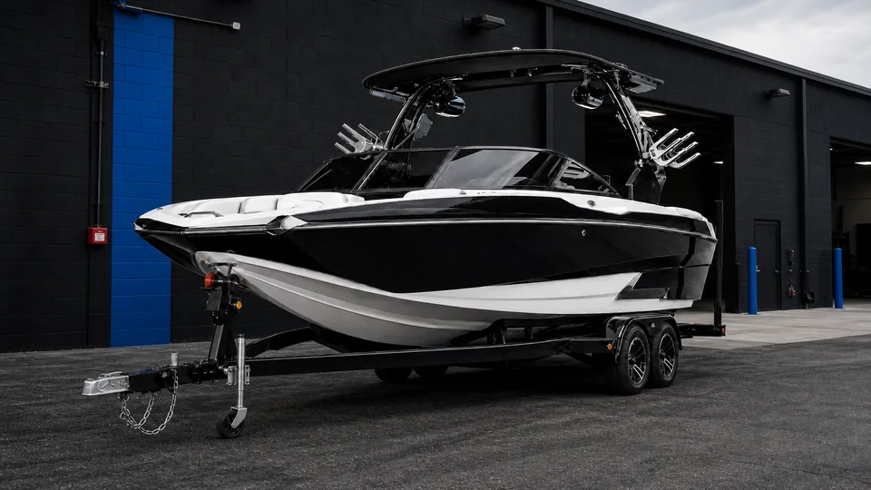 Premium black and white wake boat