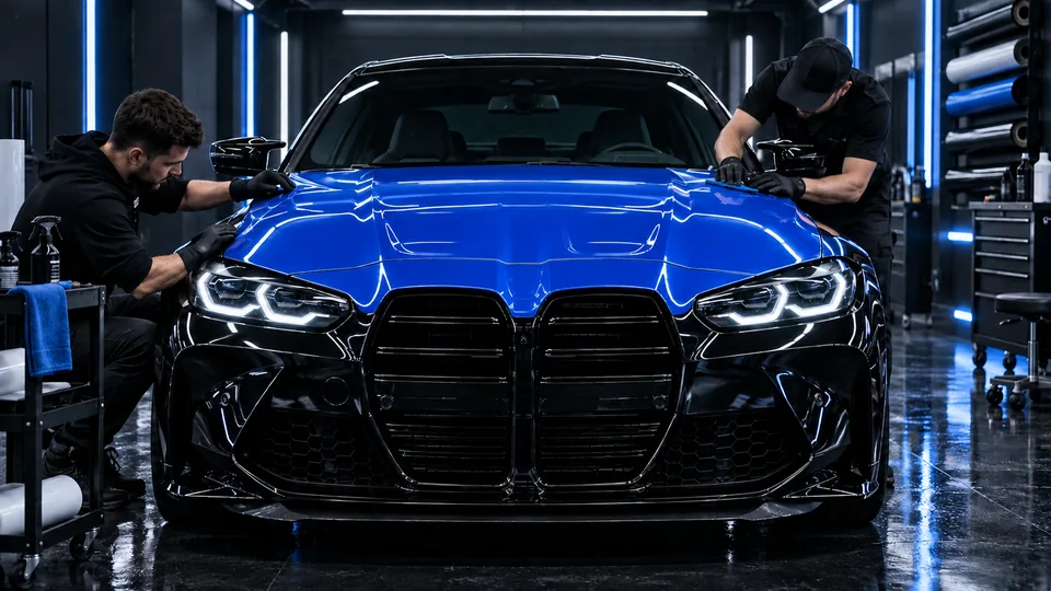 Performance sedan receiving vinyl installation inside the Refined Rides shop