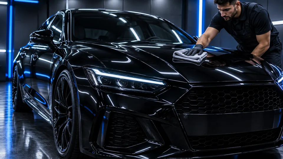 Professional detailer polishing a luxury vehicle
