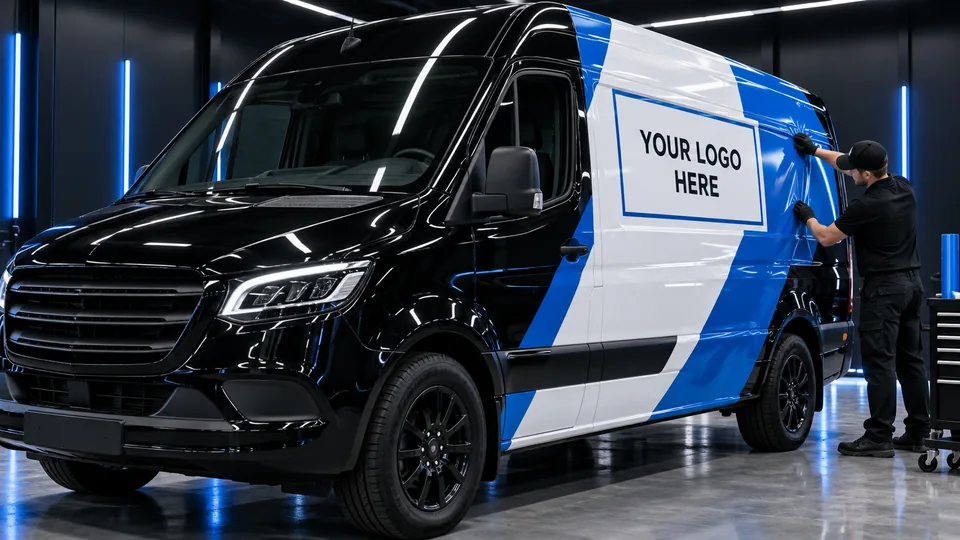 Business service van receiving branded vinyl graphics inside the Refined Rides shop