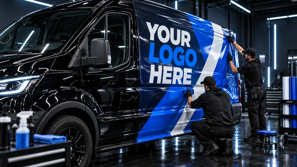 Commercial vinyl graphics installation inside the Refined Rides shop