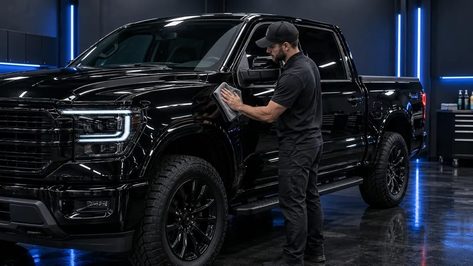 Black full-size truck receiving a complete detail