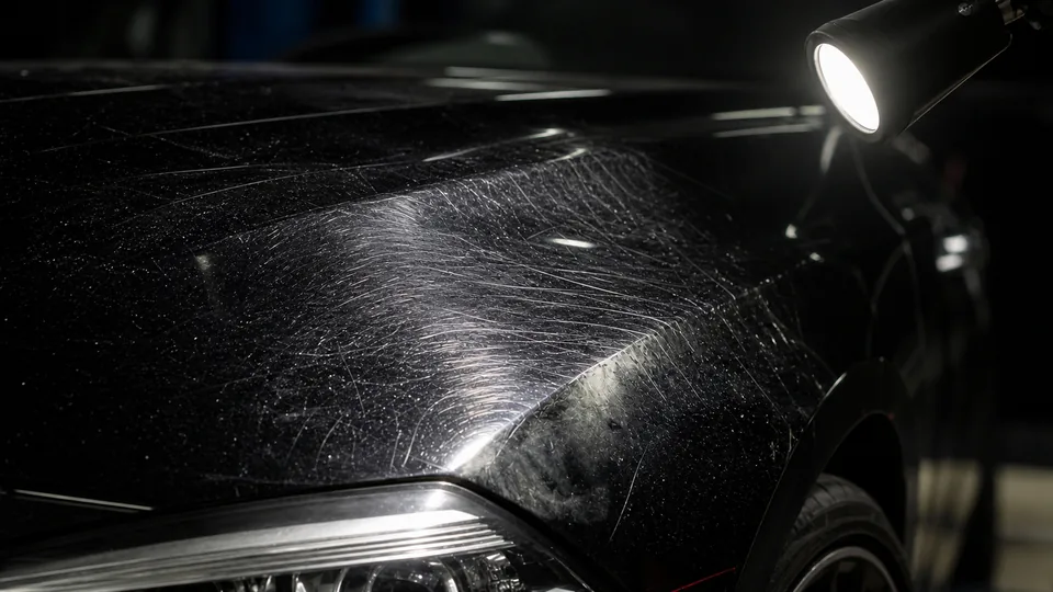 Severely swirled and scratched black vehicle paint under inspection lighting