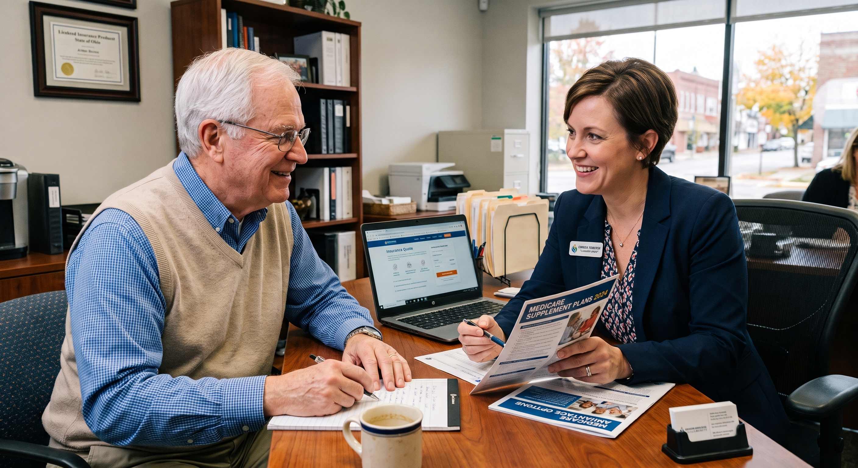 Older American couple consulting with an agent