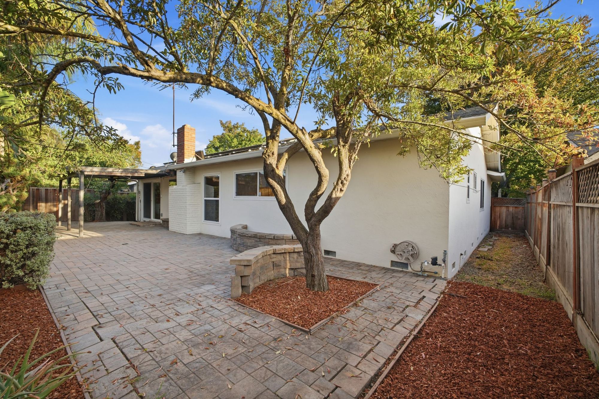 Backyard patio and shade tree at 959 Eton Way