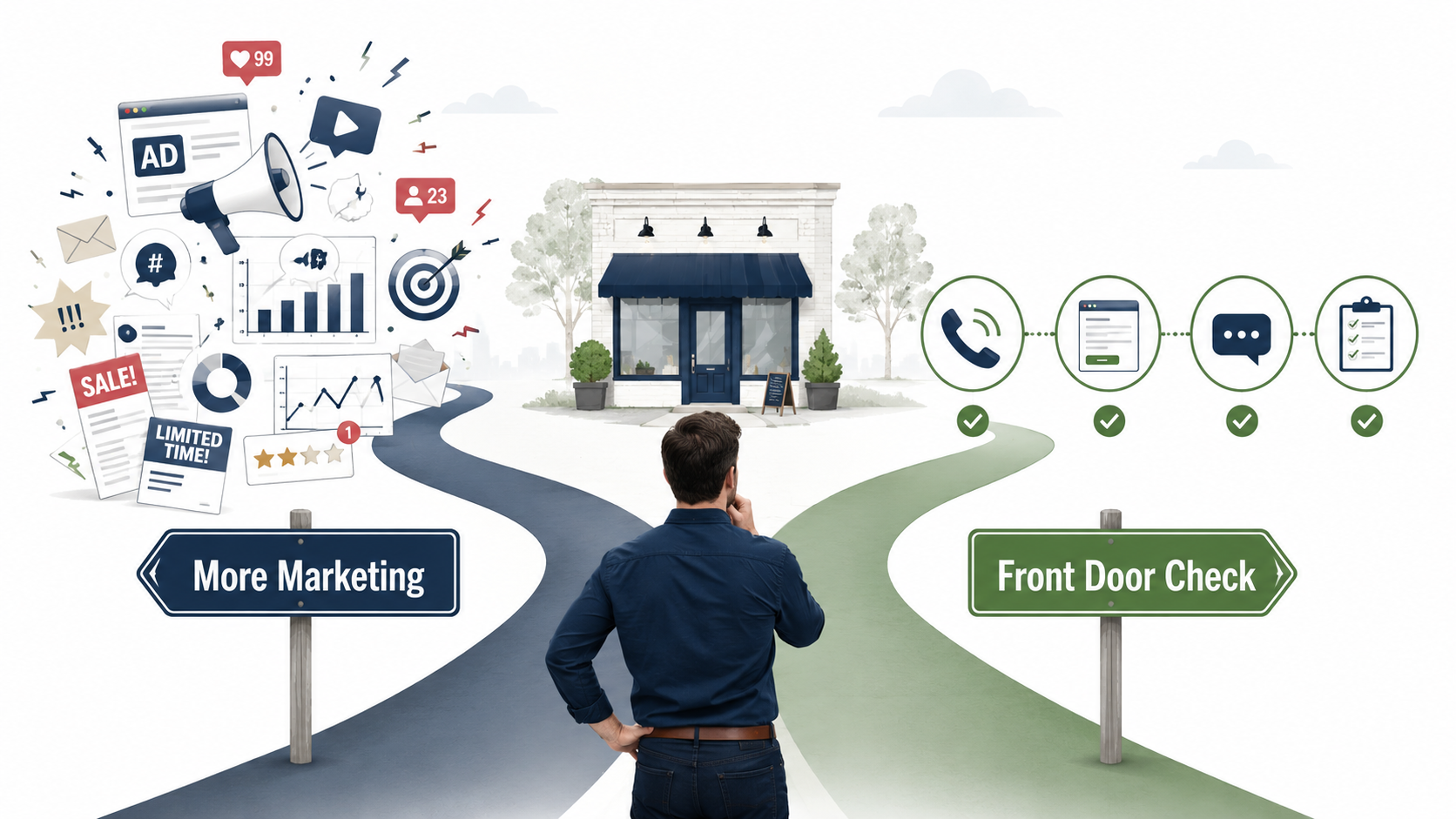 Local business owner comparing more marketing with checking calls, forms, messages, and follow-up first.