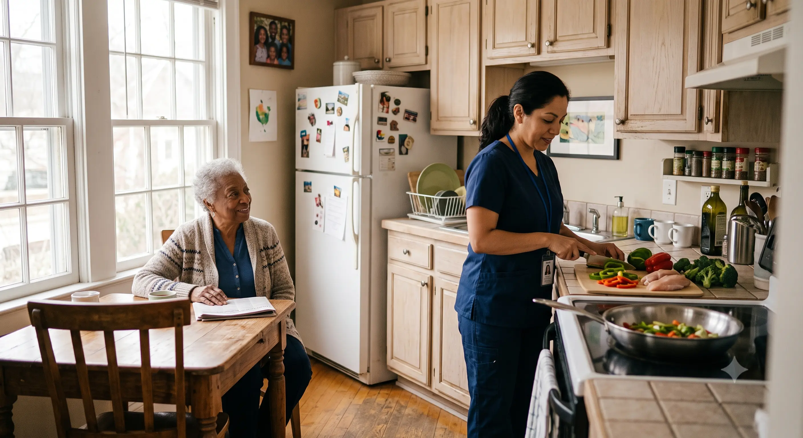 Caregiver preparing a meal during a client's recovery at home