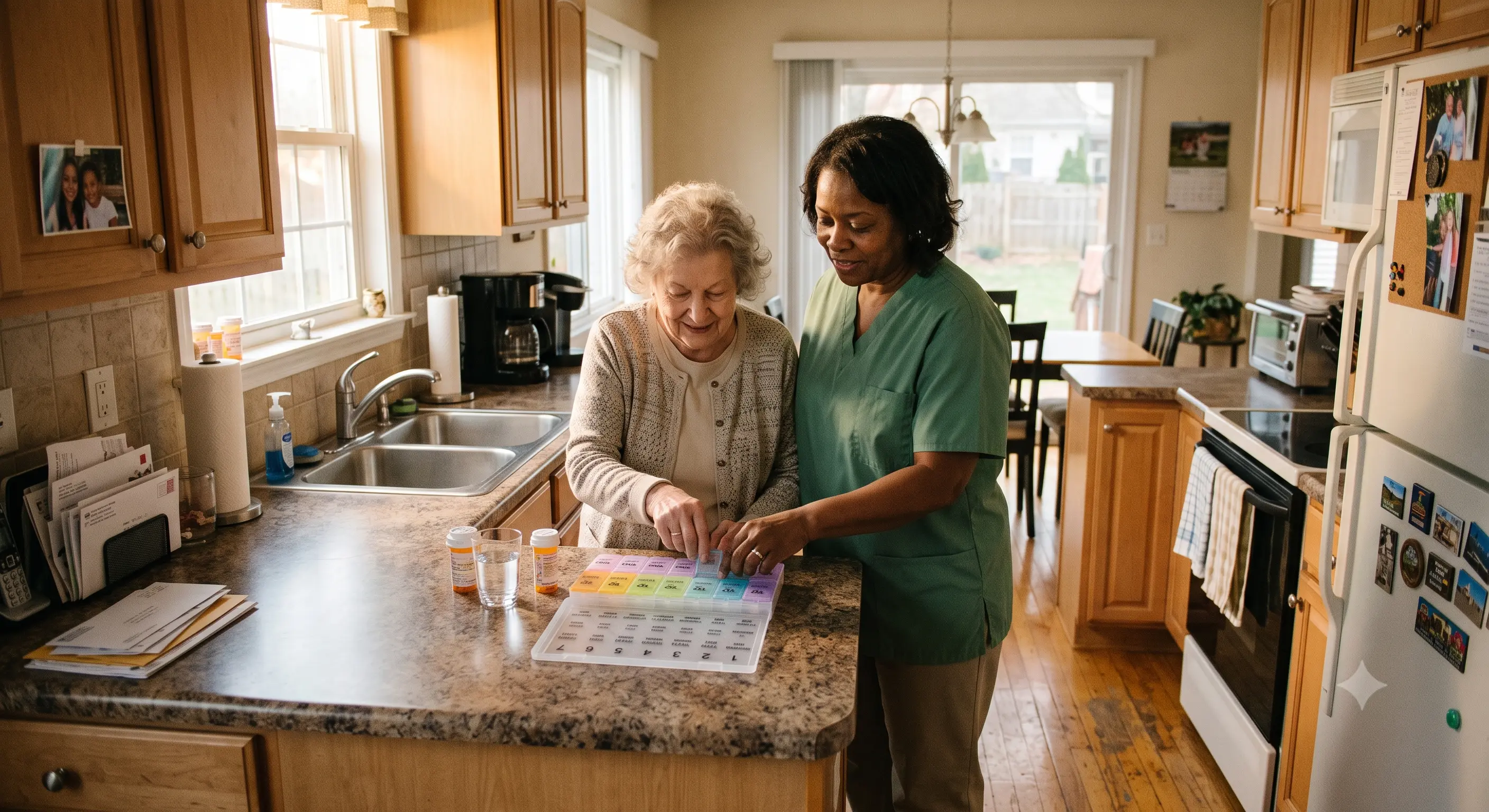 Caregiver helping with medication reminders and daily routine at home Caregiver helping with medication reminders and daily routine at home