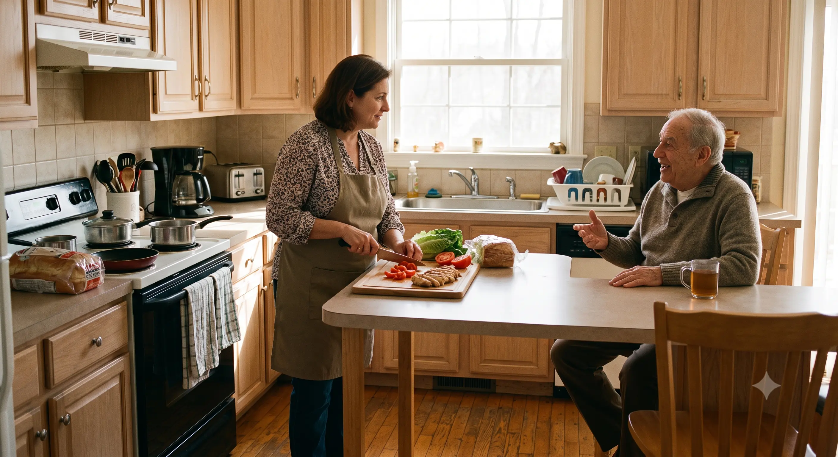 A respite caregiver preparing a meal while the family caregiver rests A respite caregiver preparing a meal while the family caregiver rests