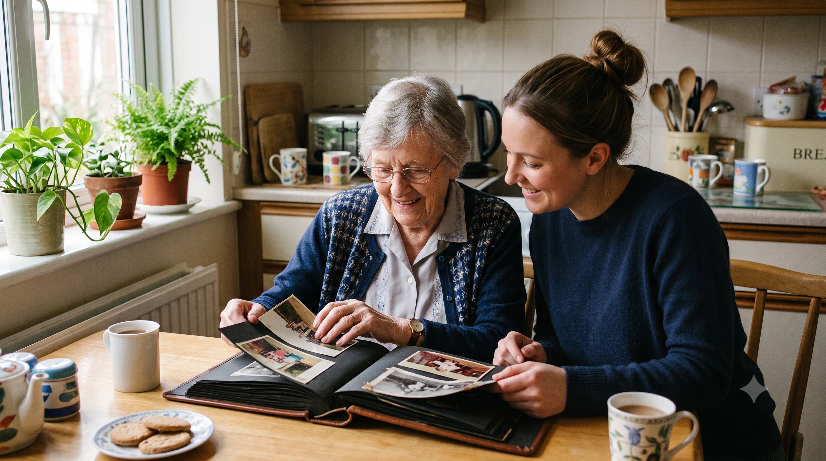 Caregiver using familiar memories to comfort a client with dementia Caregiver using familiar memories to comfort a client with dementia