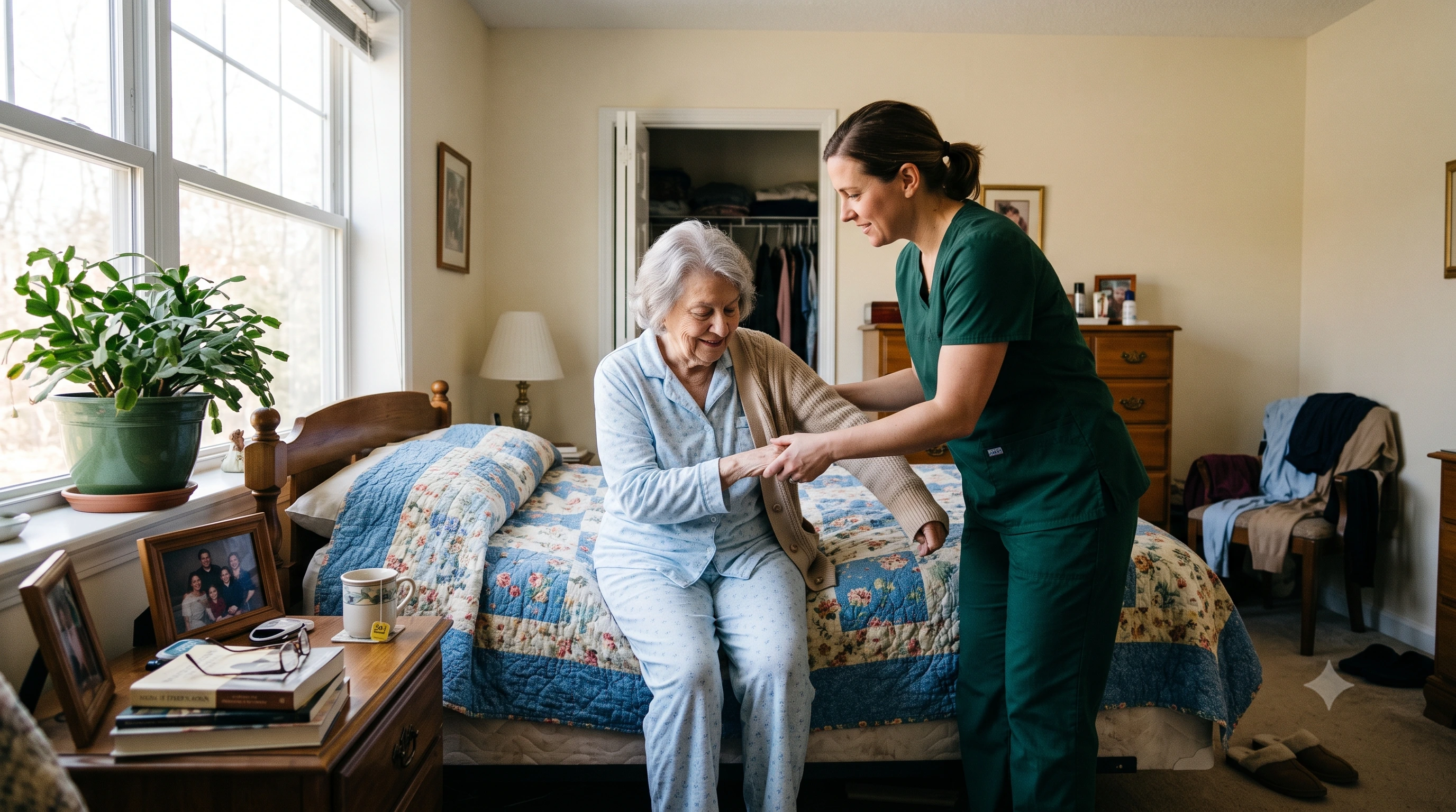 Caregiver helping with the morning routine during 24-hour care Caregiver helping with the morning routine during 24-hour care